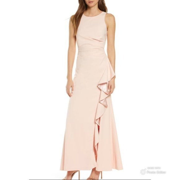 Vince Camuto Dresses & Skirts - Vince Camuto Blush Pink Ruffle Slit Trumpet Gown